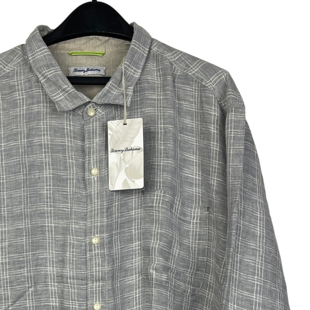 NEW Tommy Bahama 100% Linen Men's 3XL Gray Plaid‎ Button Up Shirt Vacation